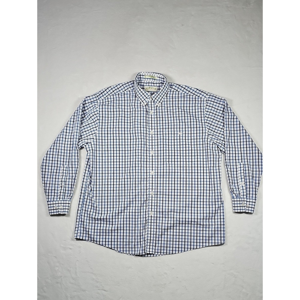 Orvis Mens XL Blue White Tattersall Check Cotton Button Down Long Sleeve Shirt